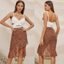 Элегантная шифоновая Женская юбка с цветочным принтом и оборками, летняя женская юбка с высокой талией на молнии, асимметричная облегающая юбка в стиле бохо