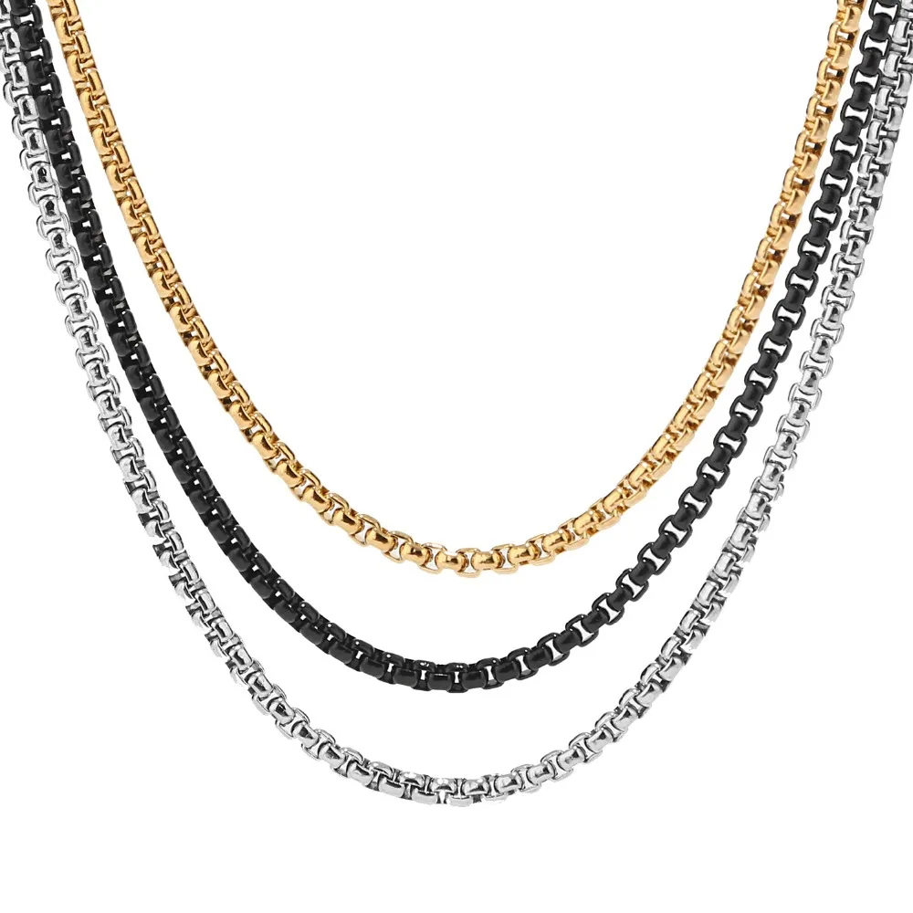 

3mm Gold/Silver/Black Square Rolo Chain Stainless Steel Round Box Necklace Men Women Jewelry