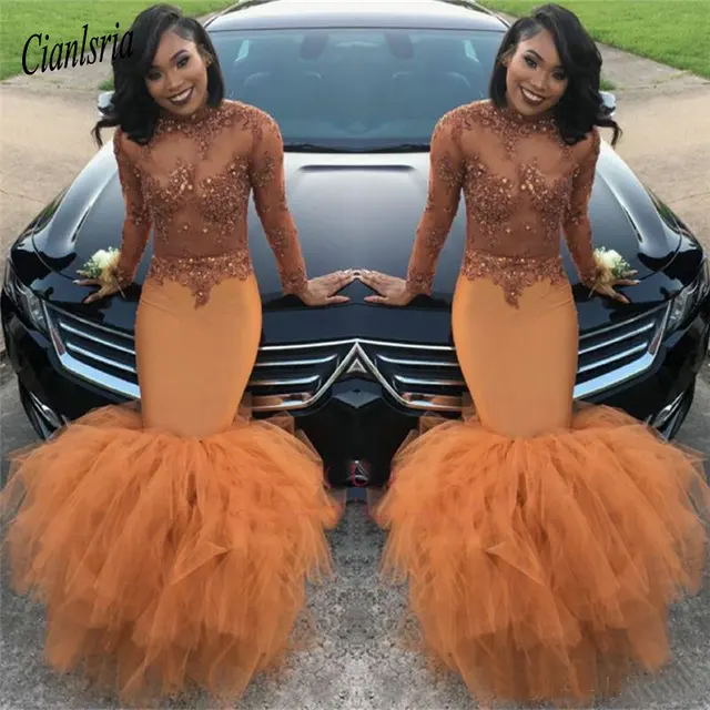 Orange Long Sleeves Mermaid Prom Dresses 2019 Beads Appliques Sequins Long Ruched Ruffle Evening