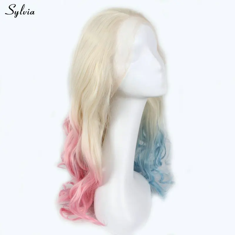 Сильвия парики с волнистыми волосами блондинка половина синий/половина розовые парики натуральных волос Синтетические волосы на кружеве парики для Для женщин девочек Косплэй парики