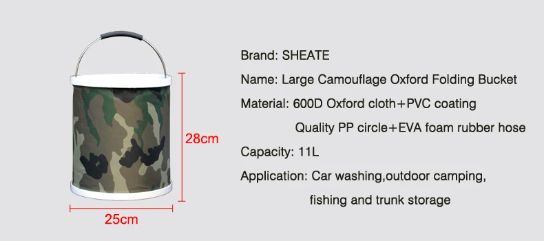 Lavagem de Carro Ferramenta de Acampamento ao ar Multi-funcional Aplicável Pesca Balde Dobrável Retrátil Camouflage Oxford Barril Livre Grande 11l 3 dobrável Retrátil Camouflage Oxford barril ferramenta de