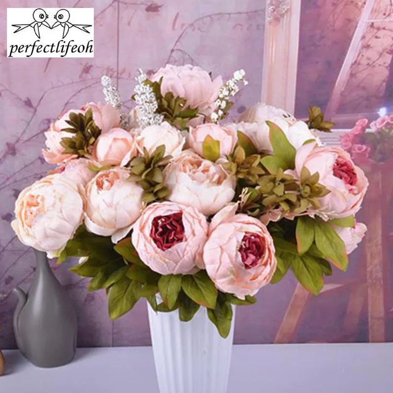 

perfectlifeoh Artificial European Bouquet Flowers Fall Vivid Peony Wedding Home Wedding Bouquet Decoration