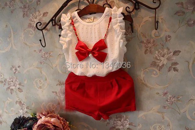 

&E-babe&Wholesale Girl Summer 2 Pcs Set Baby Girls Bow T-Shirt+Shorts Child Clothing Sets Child Kids Suit 10 Pcs Lot Free Ship