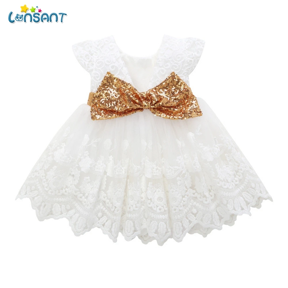 

LONSANT New Hot Selling Baby Wedding Dress Girls Bow White Pattern Floral Sleeveless Lace Princess Dress Clothes for18M-5T baby