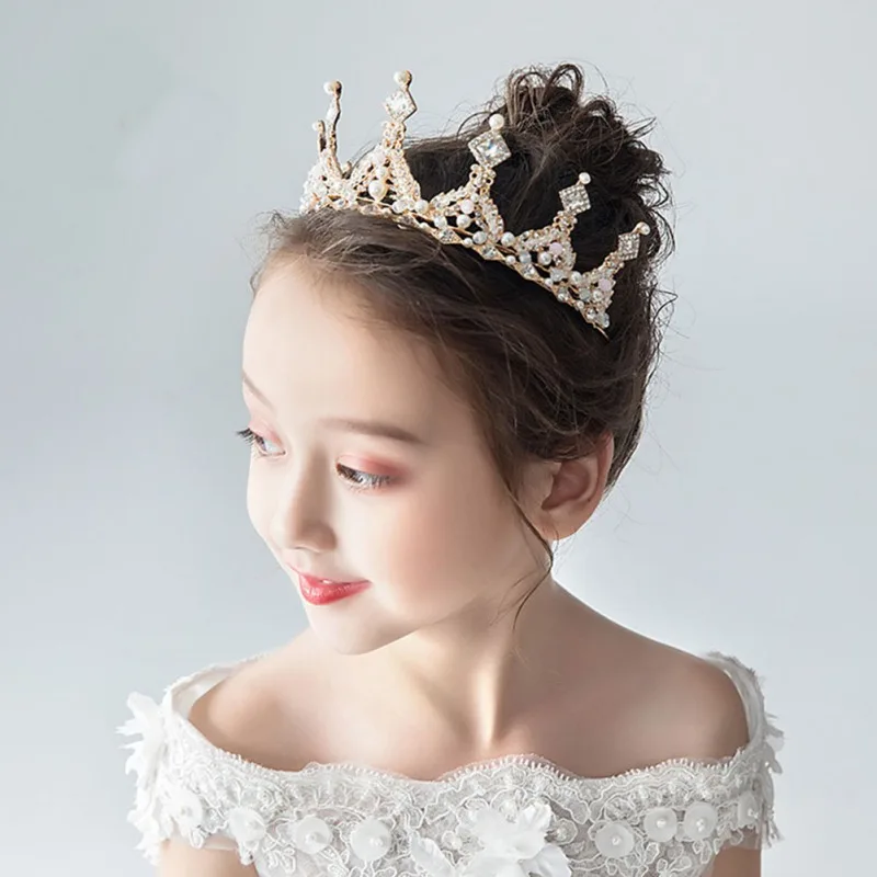 Children's Crown Headdress Princess Girl Crown Headband Cute Crown Crystal Flower Wedding Party Accessories Photography Props