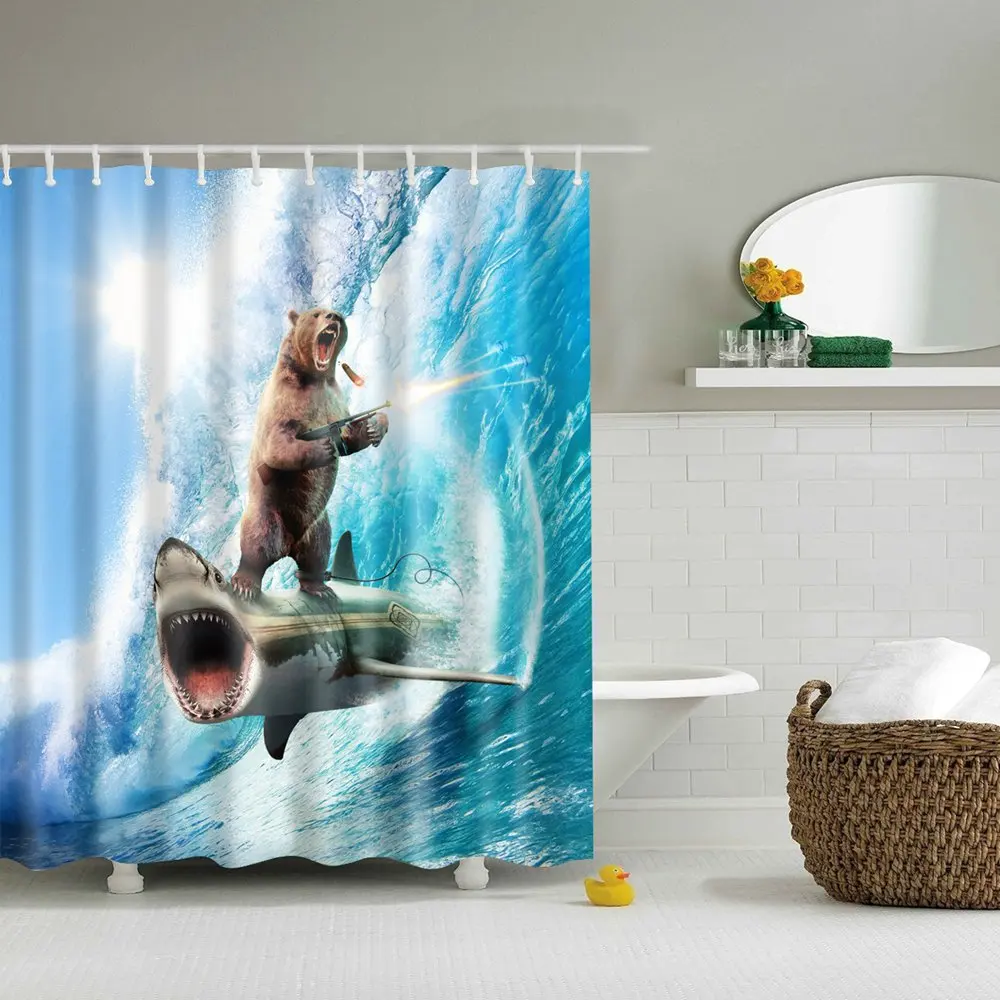 Animal Funny Brave Bear On A Shark Shower Curtain Theme Art For