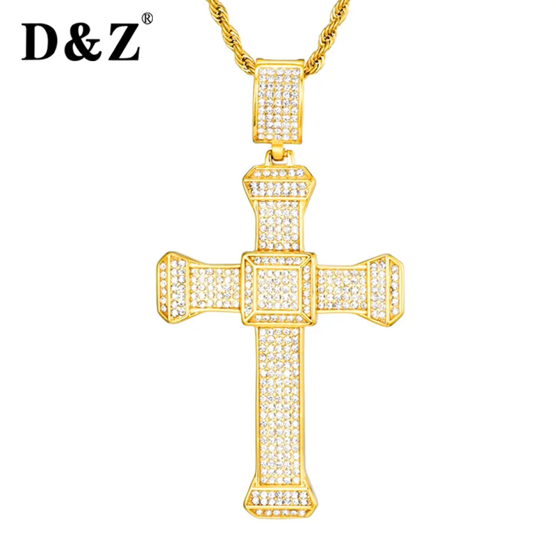 D&Z Gold color Iced Out Bling Big Crystal Cross Pendant For Men