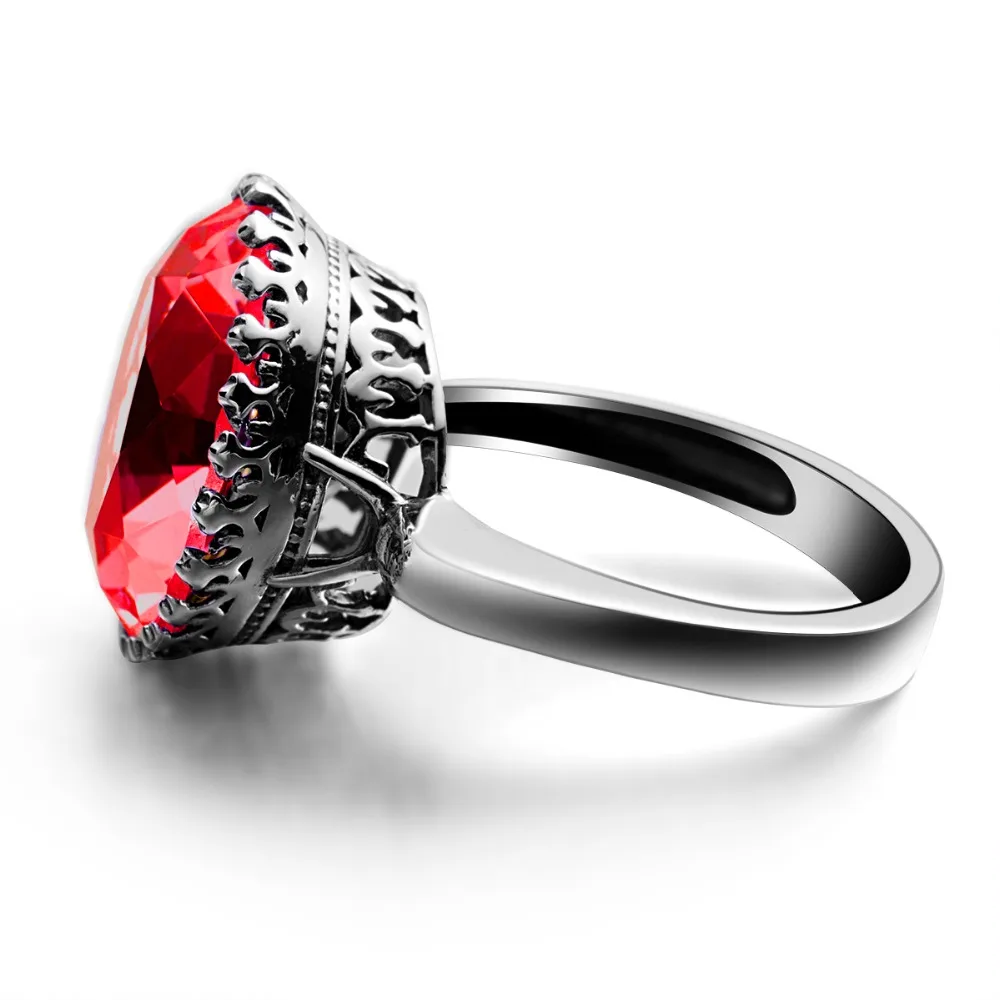 Szjinao Wholesale Princess Crown Big Rings for Women Round Red RubyWedding Engagement Punk Rock 925 Sterling Silver Jewelry