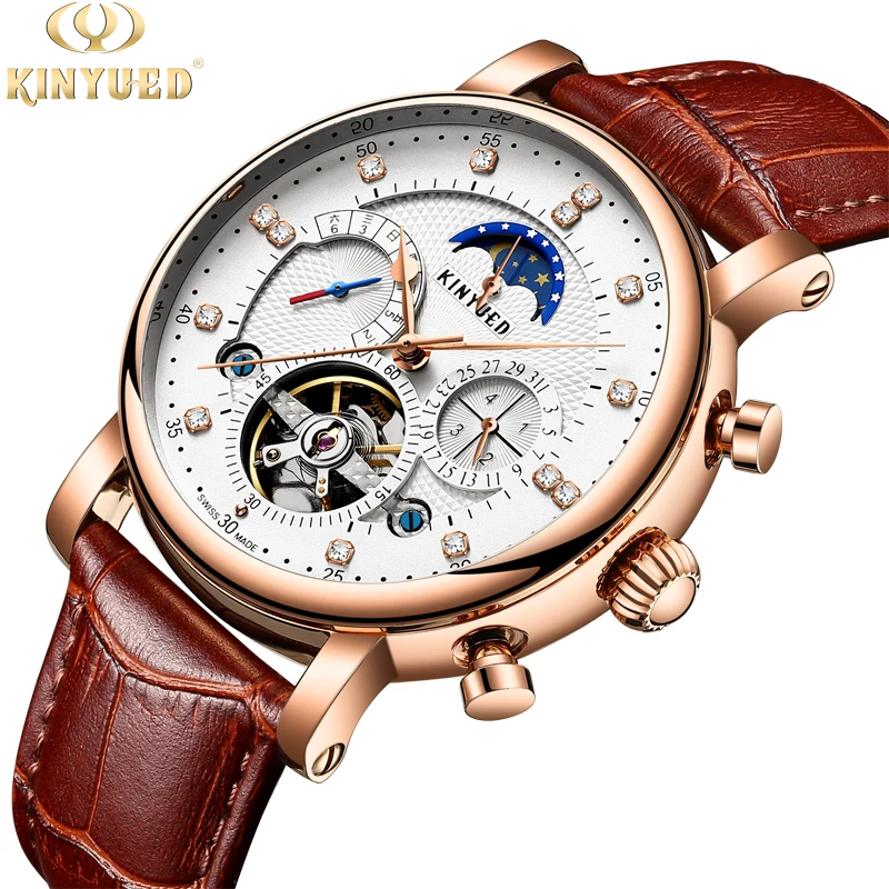 Механические часы Kinyued Skeleton Tourbillon автоматические мужские классические кожаные