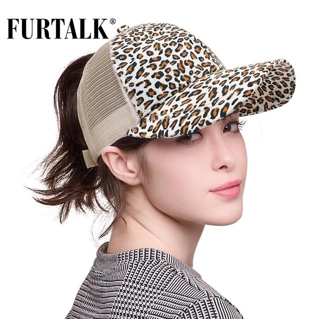 FURTALK Dropshipping Leopard Ponytail Baseball Cap Women Messy Bun Baseball Hat Snapback