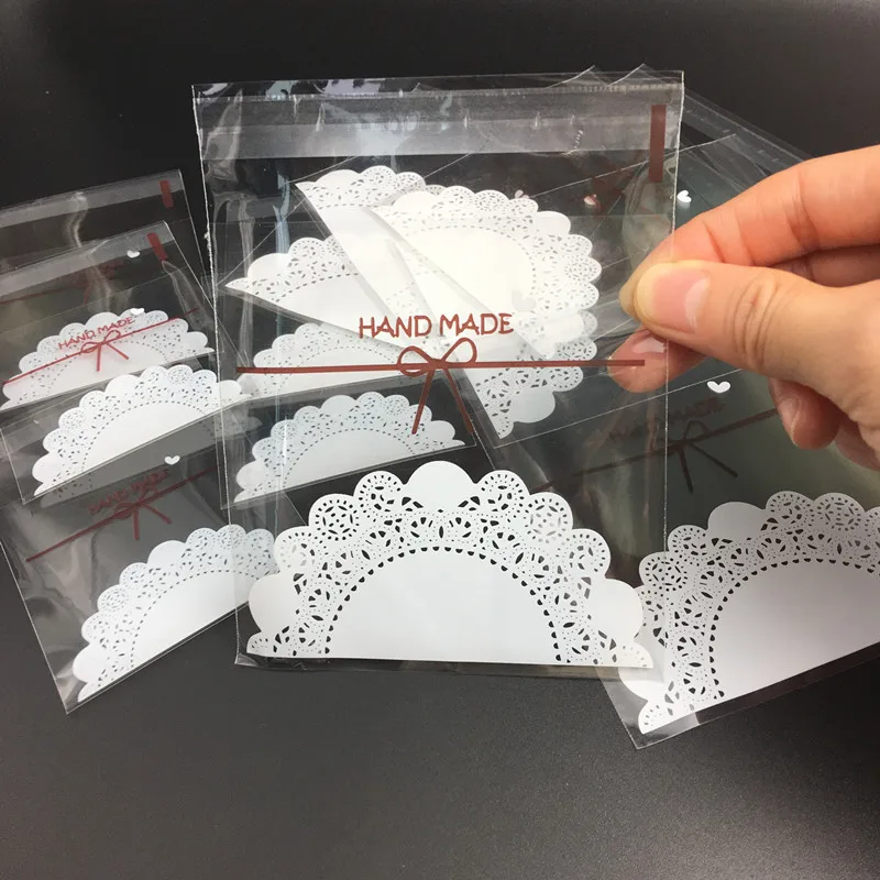 2 sizes 100pcs Cookie Bag Self adhesive Plastic Cookie Bags Lace Bow Print Gifts Bags Christmas