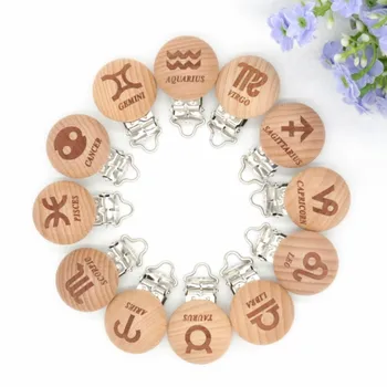 

5 Pcs Engraved Wooden Baby Pacifier Clips Star Sign Beech Wood Nipple Holder 12 Constellations Dummy Clips Holder
