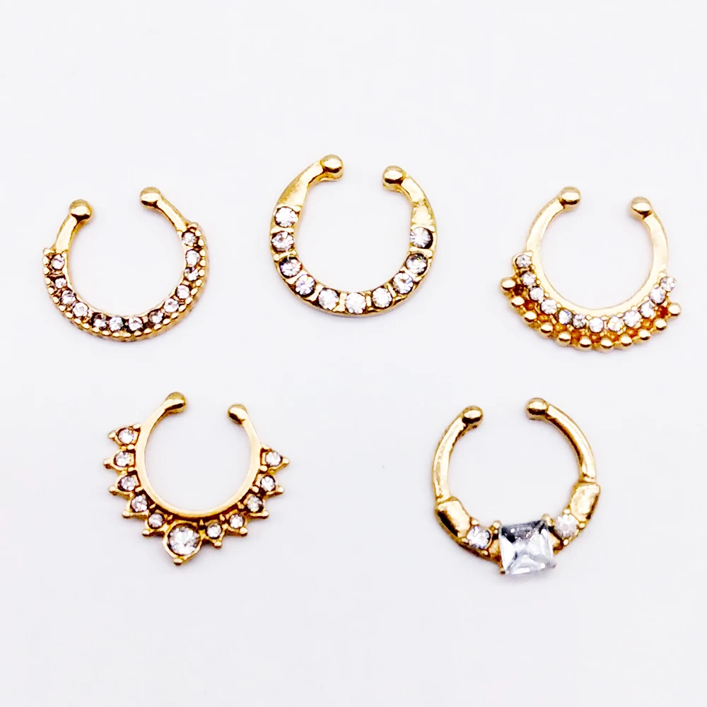 

ZOEBER white Crystal fake nose ring gold color round septum Piercing clicker faux clip non Body Hoop For Women body jewelry