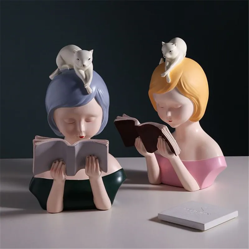  European Style Cute Read Book Girl Half-Length Portrait Resin Sculpture Craftwork Bedroom Bedside T - 4000014760475