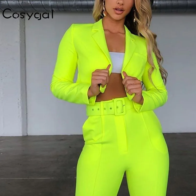 

2019 2 Layer Autumn Jacket+pants 2 Piece Set Women Set Neon Sexy Night Club Outfits Ladies Fashion Slim Two Piece Set With Belt