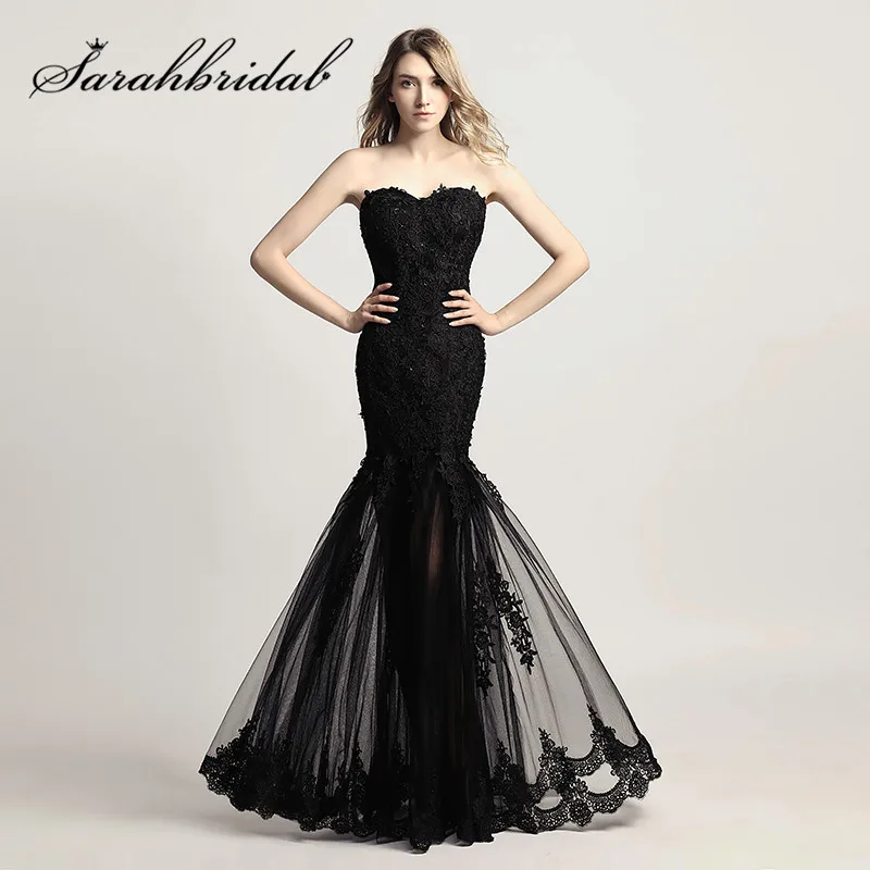 

Black Mermaid Prom Dresses Long Cheap Real Photos Sexy Sweetheart Lace Applique Sheer Skirt Party Evening Gowns CF310
