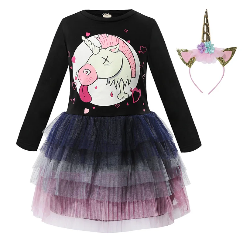 Платье для девочек с рисунком единорога; Детские платья принцессы с длинными рукавами для свадебной вечеринки; одежда для маленьких девочек; От 2 до 9 лет; Детские платья