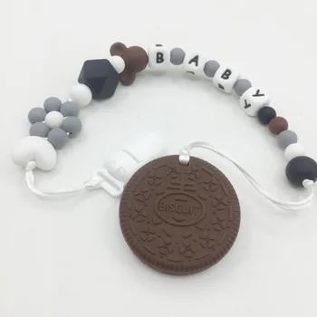 

Personalized Name Silicone Teething Pacifier Clips with biscuit Silicone teether Pacifier Chain for Baby cookies Toys holders