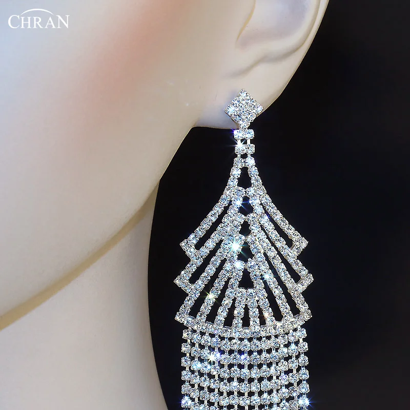 CHRAN Sparkling Wedding Jewelry Rhinestone Dangle Drop Earrings for Women Silver Plated Exaggerated Tassel Long Earrings Crystal