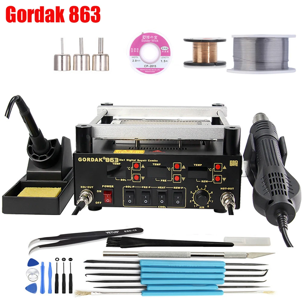 BGA Rework Solder Station 3 in 1 Digita Electric Soldering iron Hot Air Heat Gun IR Infrared Preheating Station Gordak 863 цена BGA Rework Solder Station 3 in 1 Digita Electric Soldering iron Hot Air Heat Gun IR Infrared Preheating Station Gordak 863 цены онлайн
