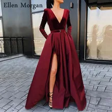 Бургундия атласный с длинным рукавом Выпускные платья для африканских черный обувь девочек бархат белит Пол Длина vestido de festa закрытым сзади