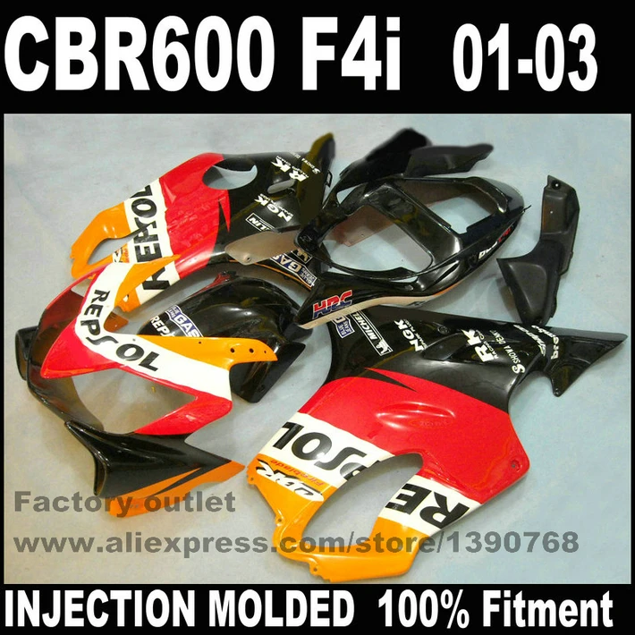 

Plastic fairings for HONDA Injection molded CBR 600 F4i 01 02 03 CBR600 2001 2002 2003 black red REPSOL fairing body kit RE40