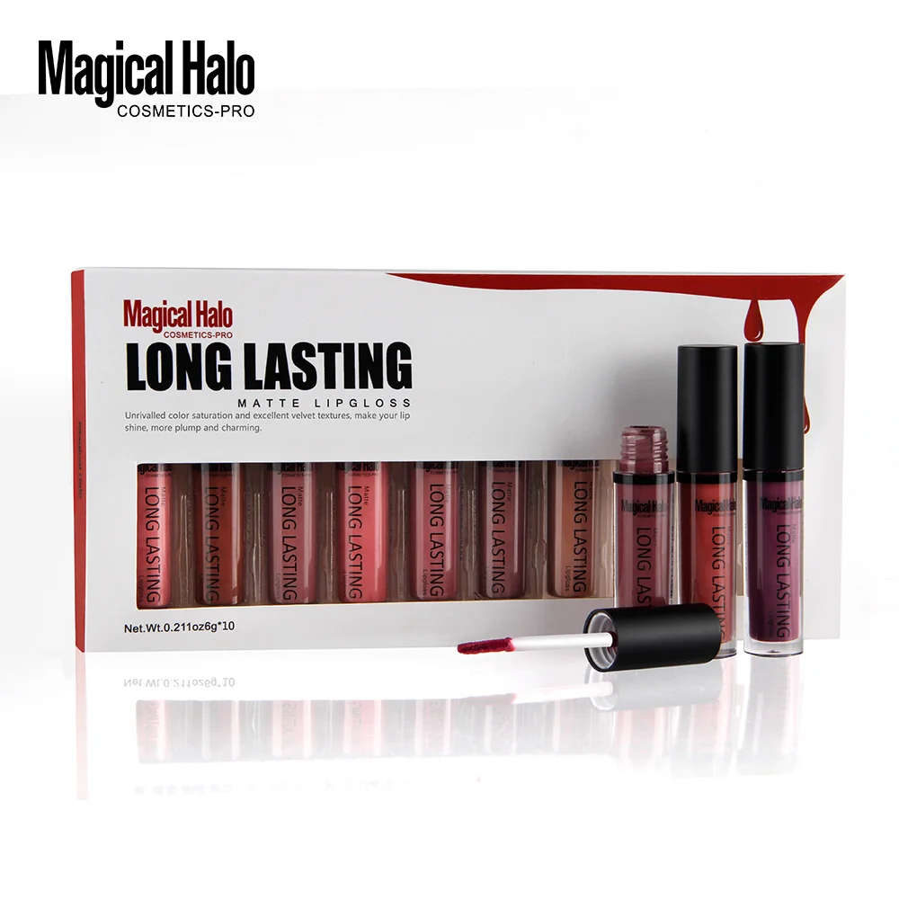 

Magical Halo 10Pcs/set Lot Colors Makeup Kit Matte Lipgloss Long Lasting Waterproof Metallic Beauty Lip Gloss Liquid Lipstick