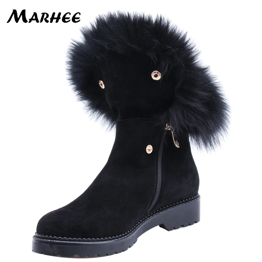 

MARHEE Real Fur Genuine Leather Black Snow Boots For Woman Shoes 2018 Winter Brand Ankle Booties Flat Shoes