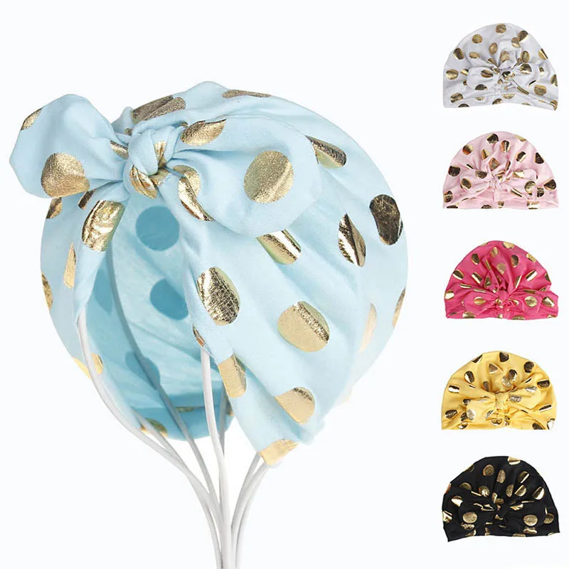 

Sweet Gold Dot Baby Girls Hats With Bow Candy Color Baby Turban Caps Summer Hats Elastic Newborn Outfit Photography