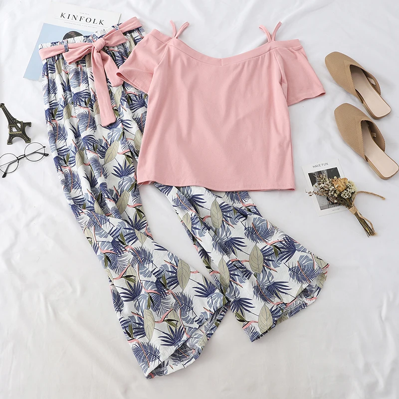 

Beach Style Flower Pant Set Summer Two Piece Set Women Fashion Boho Pink Yellow Black T-shirt+Wide Leg Long Trouser Matching Set