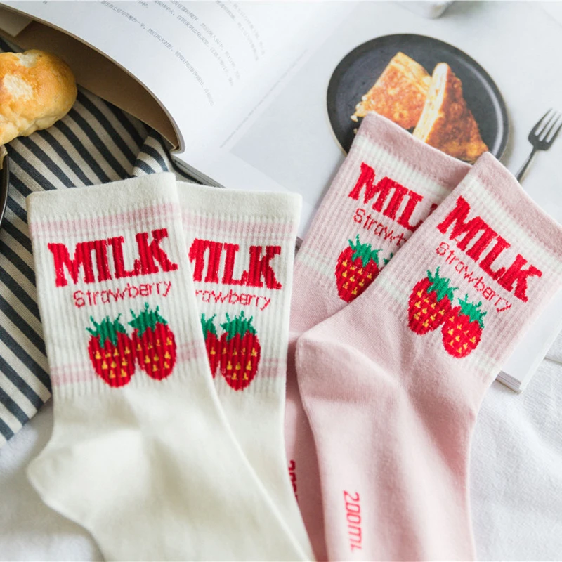 Women Size 1lot=2pairs Creamy Milk Double Strawberry Socks Sweet MAMA