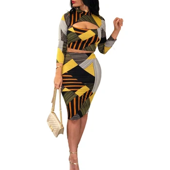 

Geometric Print African Women's Two-Piece Set Three-Sleeve + Knee Skirt Slim Fashion Temperament Set Geometric stripe color ma