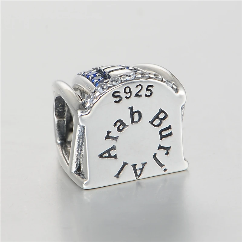 Ceny 925 srebro biżuteria dubaj Burj Al Arab 3D urok z niebieskim kamieniem europejskie bransoletki dla kobiet GW marka biżuteria X386