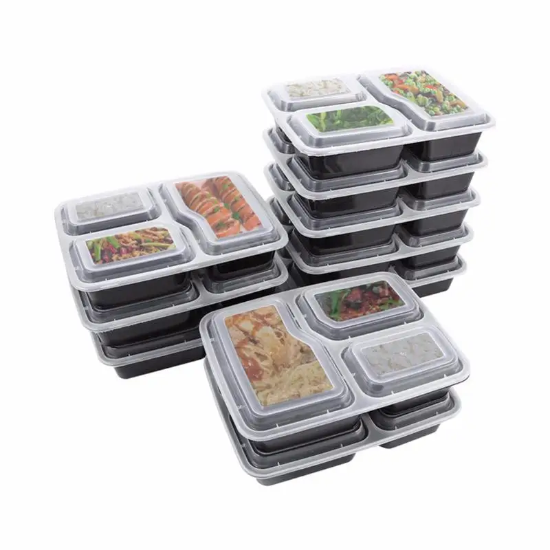 

10pcs Disposable Meal Prep Containers 3-Compartment Microwave Safe Food Storage Bento Box (Black, with Lid)