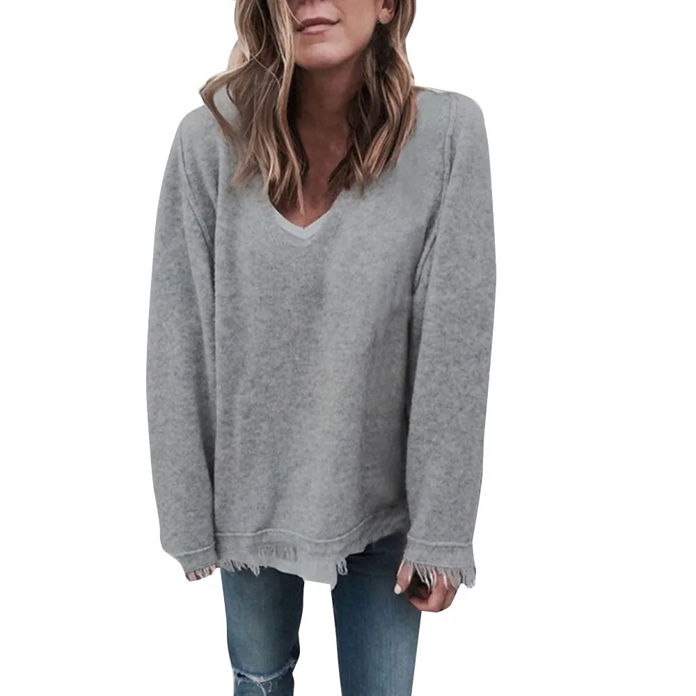 Women Long Sleeve V Neck Tassel Knitted Sweater Jumper