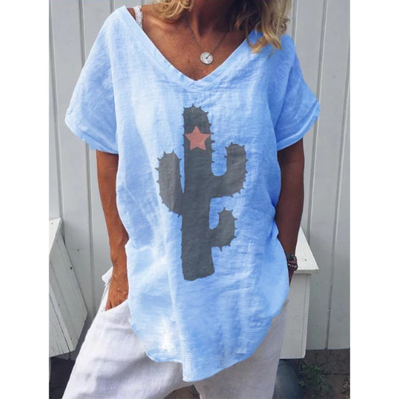 Summer Hot Popular Womens Casual  Plant Printing  Cotton Linen V Neck T Shirt Ladies Summer Baggy Short Sleeve Tops Blouse 2019