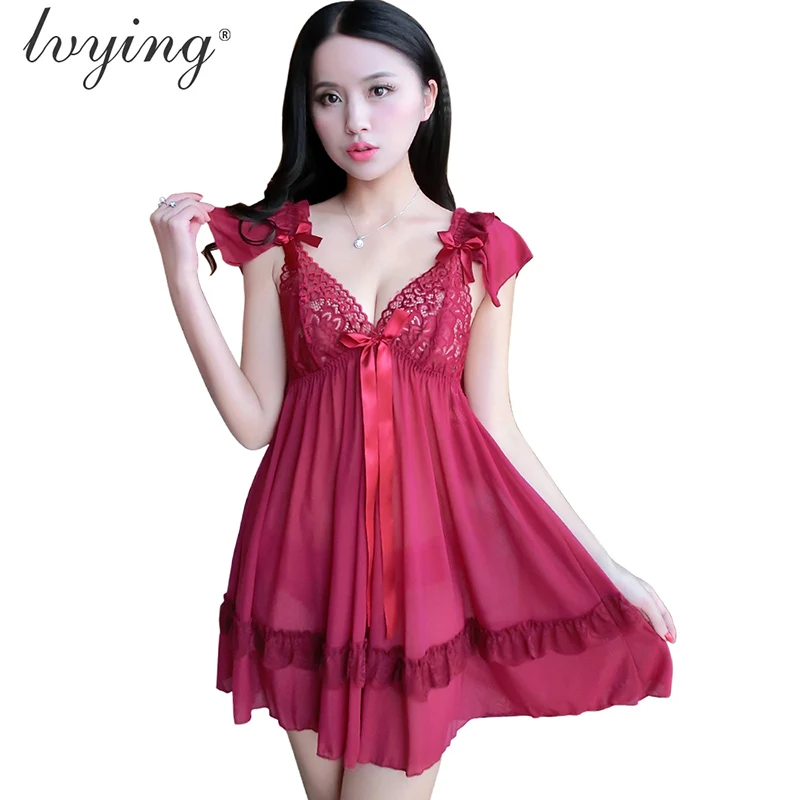 Wine red Пижама женская домашняя одежда ночнушка ночная сорочка сексуальные кружевные женские пижамы, ночная рубашка, очаровательное Ночное платье, ночное белье, ночная рубашка с бантом и оборками, Женское ночное платье - Цвет: Wine red