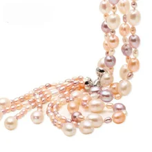Moda largo de múltiples capas collar de perlas de agua dulce de la perla de la borla color de la mezcla joyería collar de perlas para mujeres