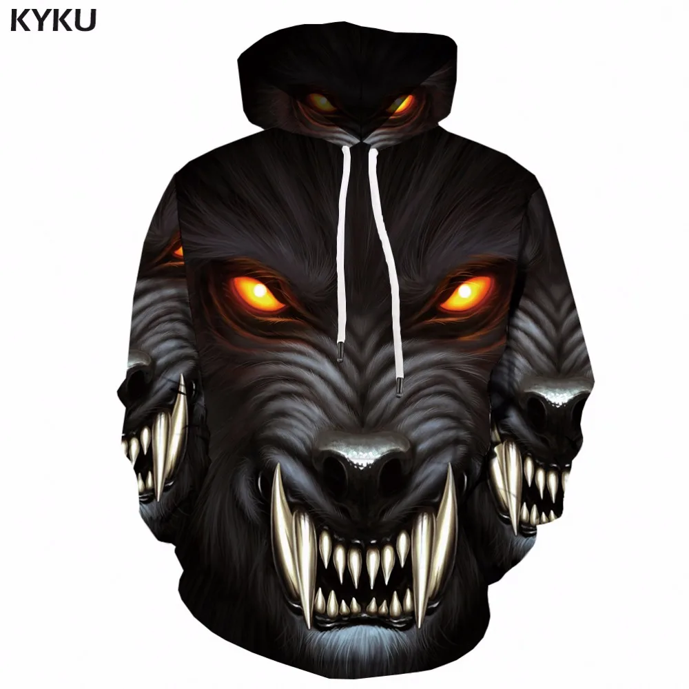 Мужская толстовка с капюшоном KYKU Wolf Повседневная серая 3d принтом животных