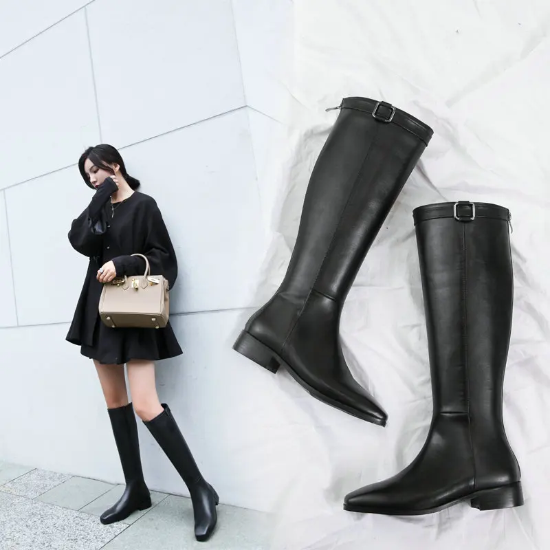 large size 34-43 low square heels genuine leather brand shoes women boots black square toe knee high boots