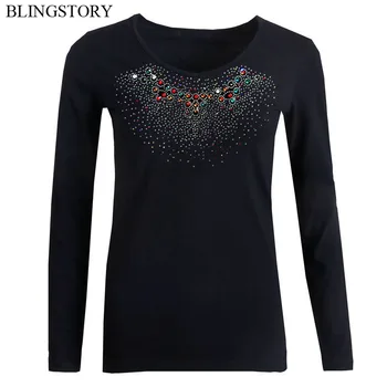 

BLINGSTORY Vintage V-neck Bead Diamond T-shirt Long Sleeve Plus Size Women Tops Drop shipping