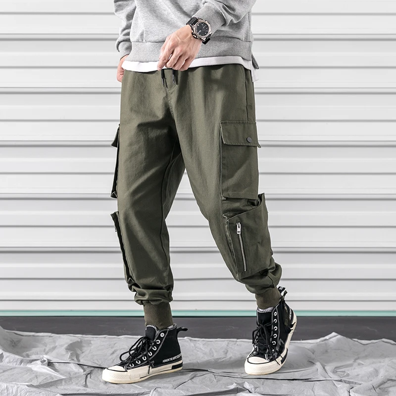 Cargo Pants Men Cotton Comfortable Drawstring Joggers Trousers Green Black Gray Many Pockets Ankle Banded Man Casual Pants A900