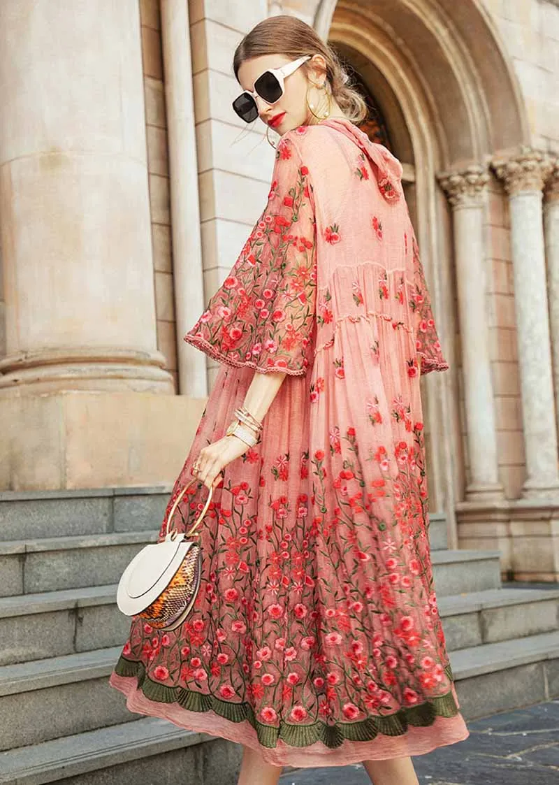 Осенний уличный стиль шелковая вышивка маленький красный цветок с капюшоном свободное стильное платье для женщин s-xl