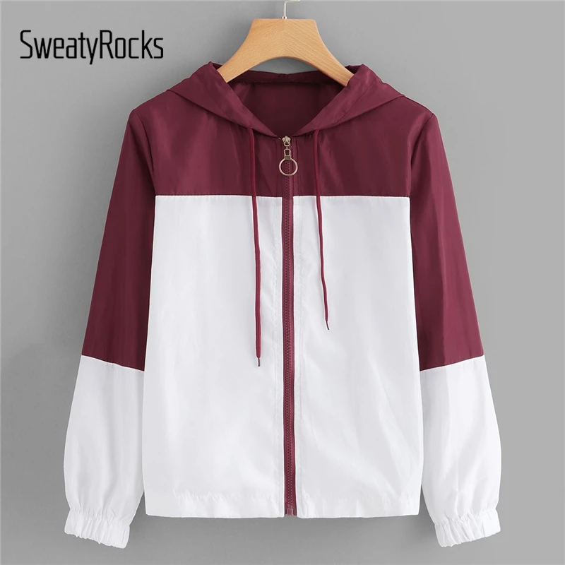 

SweatyRocks Zipper Drawstring Hooded Jackets Activewear Colorblock Hoodie Coats 2019 Spring Women Casual Coats And Jackets