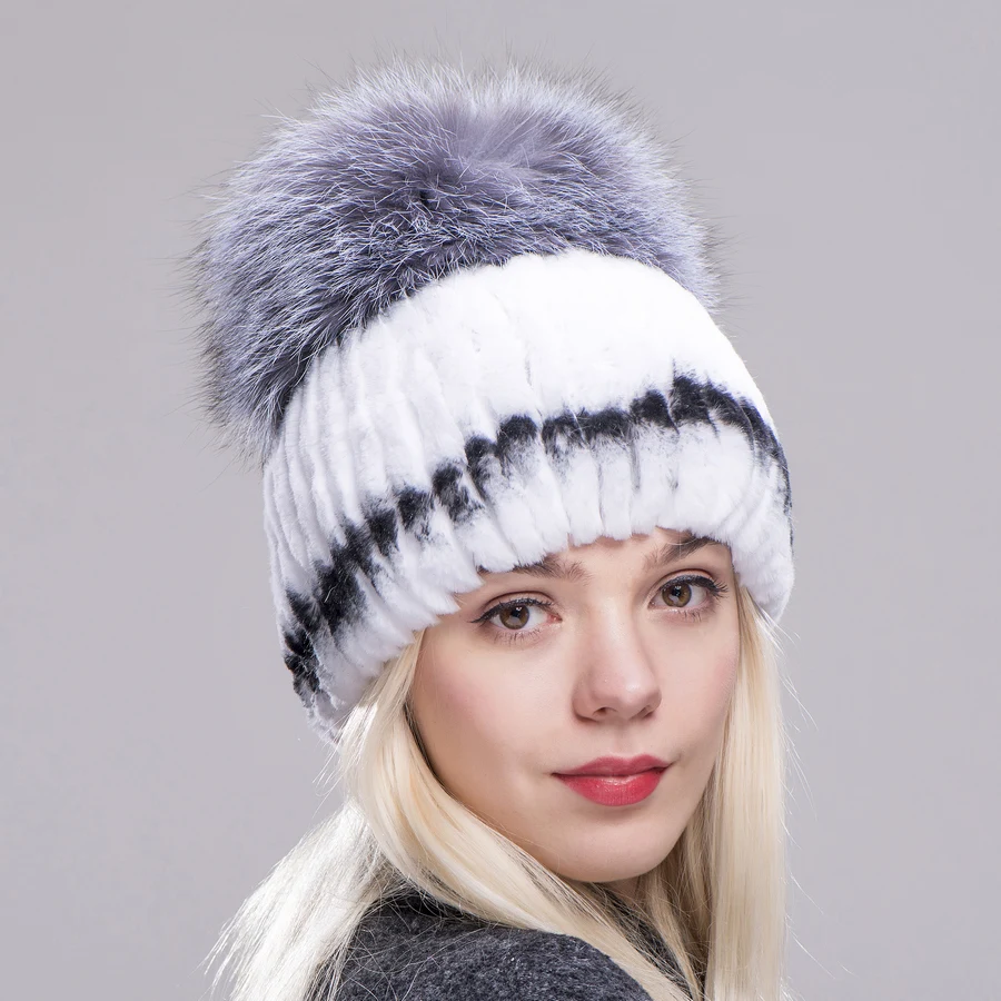 FXFURS зимняя шапка из меха кролика рекс для взрослых женщин с лисьим помпоном