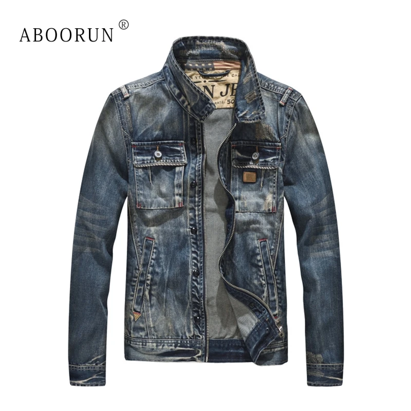 

ABOORUN Motor Denim Jacket Men's Retro Front Pockets Patchwork Slim fit Denim Jacket Spring Autumn Coat for Male x2100