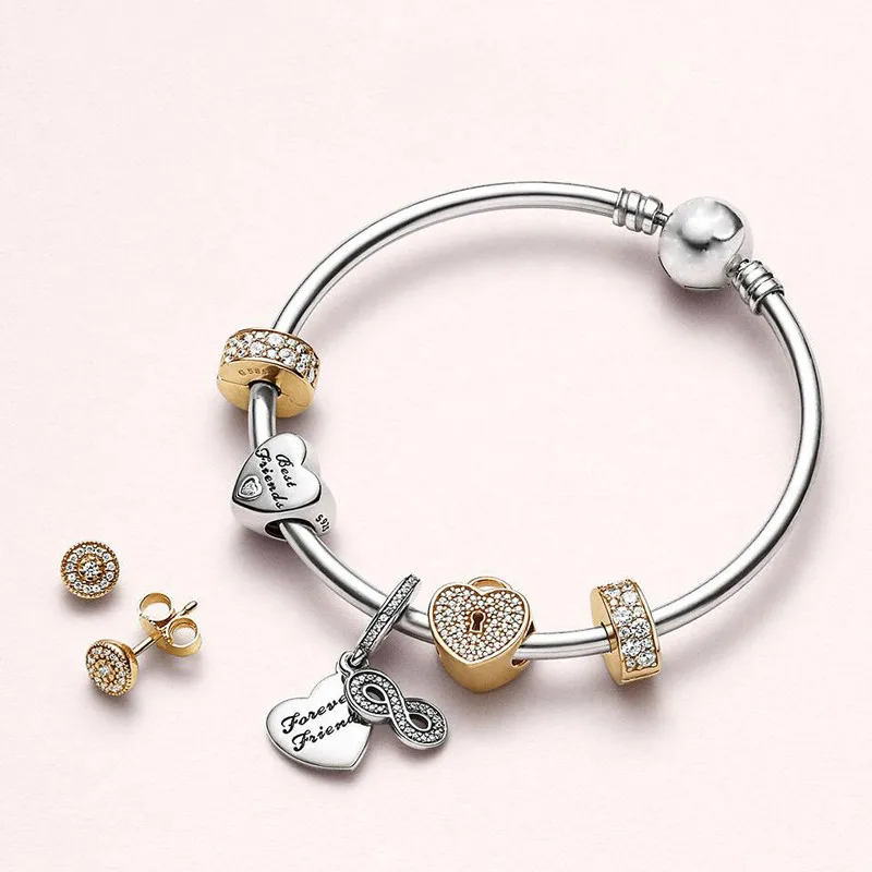 

S925 Silver Forever Friends Pendant signature Bracelet Fit DIY Original jewelry Bangle Golden emotion Valentine's Day present