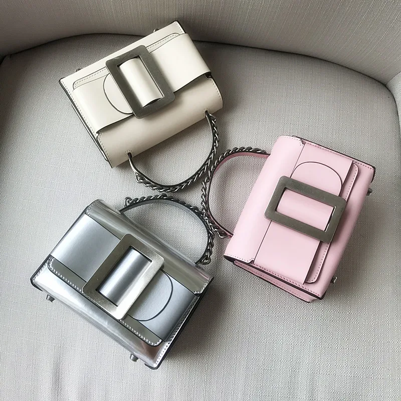 

free shipping 2018 spring summer metallic square buckle and small package Leather shoulder aslant handbag