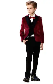

2019 Burgundy Coat Boy's Suits for Wedding Party Black Pants Single Breasted Tuxedo Fist Communication Party Wear for Boys