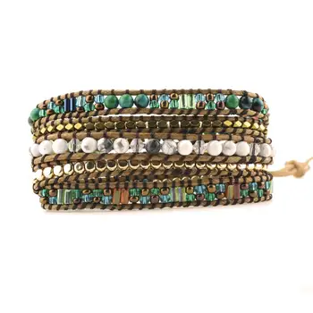 

Top Quality Mixed Stones Gold Beads 5 Layered Leather Wrap Bracelets Antique Weaving Bracelet Dropship Jewelry